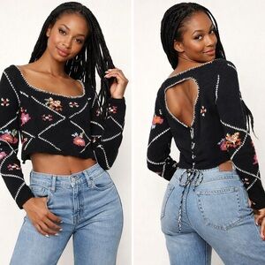 TACH clothing Black Sweater with Colorful Floral Design crochet small cropped